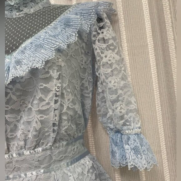 Vintage 70’s / 80’s Blue Lace High Collar Dress‎ Vintage  Size 9/10 Union Label - Picture 5 of 16